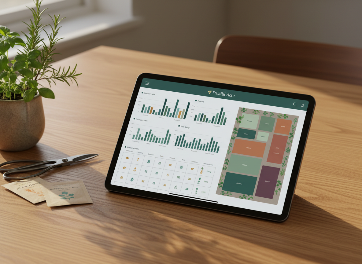 A sleek dark-slate tablet resting on a smooth oak tabletop displays the Fruitful Acre garden app dashboard, showing elegant charts of harvest yields, a minimalist calendar of planting dates, and neatly organized garden beds in soft jewel-toned greens and terracottas. Around the tablet, small labeled seed packets and a pair of brushed-steel pruning shears lie in tasteful order beside a ceramic pot with thriving herbs. Late afternoon natural light from an unseen window washes across the scene, creating gentle reflections on the glass screen and subtle shadows along the grain of the wood. Photographed at a slightly elevated, three-quarter angle with shallow depth of field, the composition feels sophisticated, calm, and highly organized, emphasizing photographic realism and a premium, modern aesthetic suited for a professional SaaS landing page hero image.